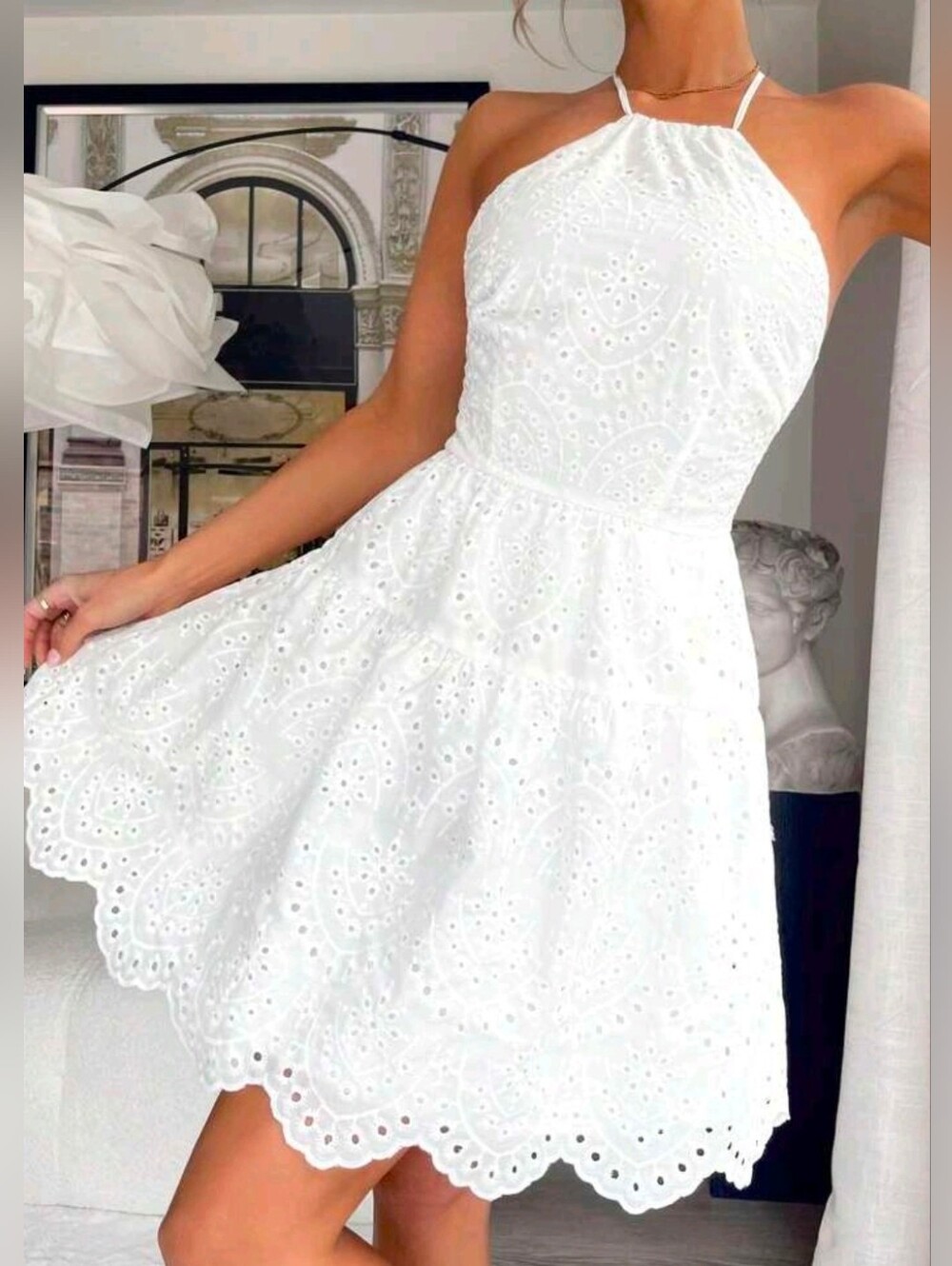 New Boho Embroidered Eyelet Lace Tie Halter Scalloped Hem Short Dress White - Picture 1 of 8